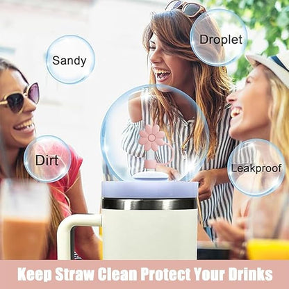 Flower Straw Covers Toppers for Stanley Cups 30&40 Oz Tumbler with Handle Accessories 4PCS Silicone Straw Caps Reusable Straws Tips Protectors for Stanley Cup 10mm 0.4in Straws,Off White