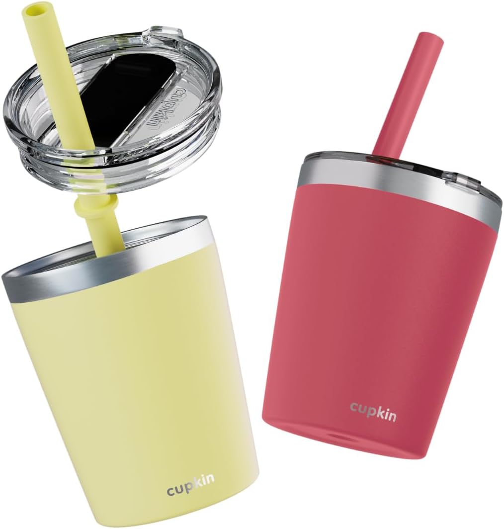 CUPKIN Stainless Steel Insulated Tumbler with Lid and Straw, 20 oz Stainless Steel Cups, Set of 2 Travel Coffee Mug for Adults, Iced Coffee Cup with Lid, Tumbler for Travel (Coral + Yellow)