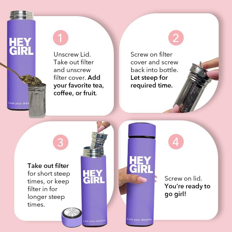 Hey Girl Tea Infuser Bottle 450ml - Insulated Stainless Steel Water Bottle - Tea Tumbler with Tea Diffuser - Portable Travel Mug for Loose Leaf Tea & Infused Water - Tea Lovers Gifts for Women (Pink)