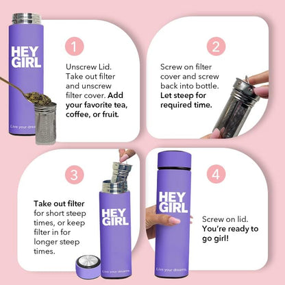 Hey Girl Tea Infuser Bottle 450ml - Insulated Stainless Steel Water Bottle - Tea Tumbler with Tea Diffuser - Portable Travel Mug for Loose Leaf Tea & Infused Water - Tea Lovers Gifts for Women (Pink)