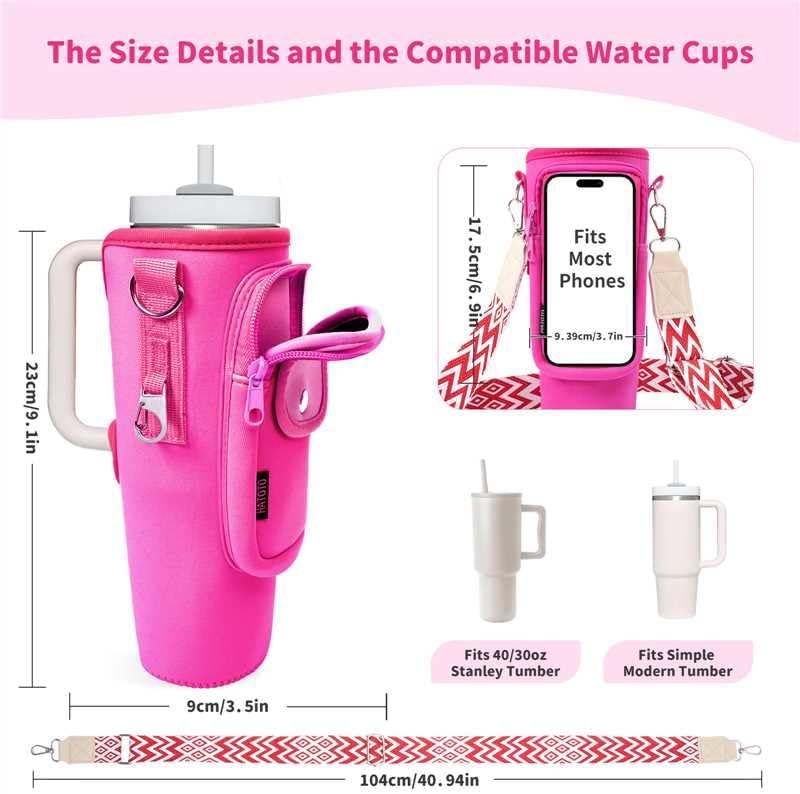 Water Bottle Holder with Strap for Stanley Cup 40/30oz, Insulated Neoprene Stanley Cup Holder with Strap for Tumbler with Handle Stanley Carrier Bag Cross-body Bag for Walking