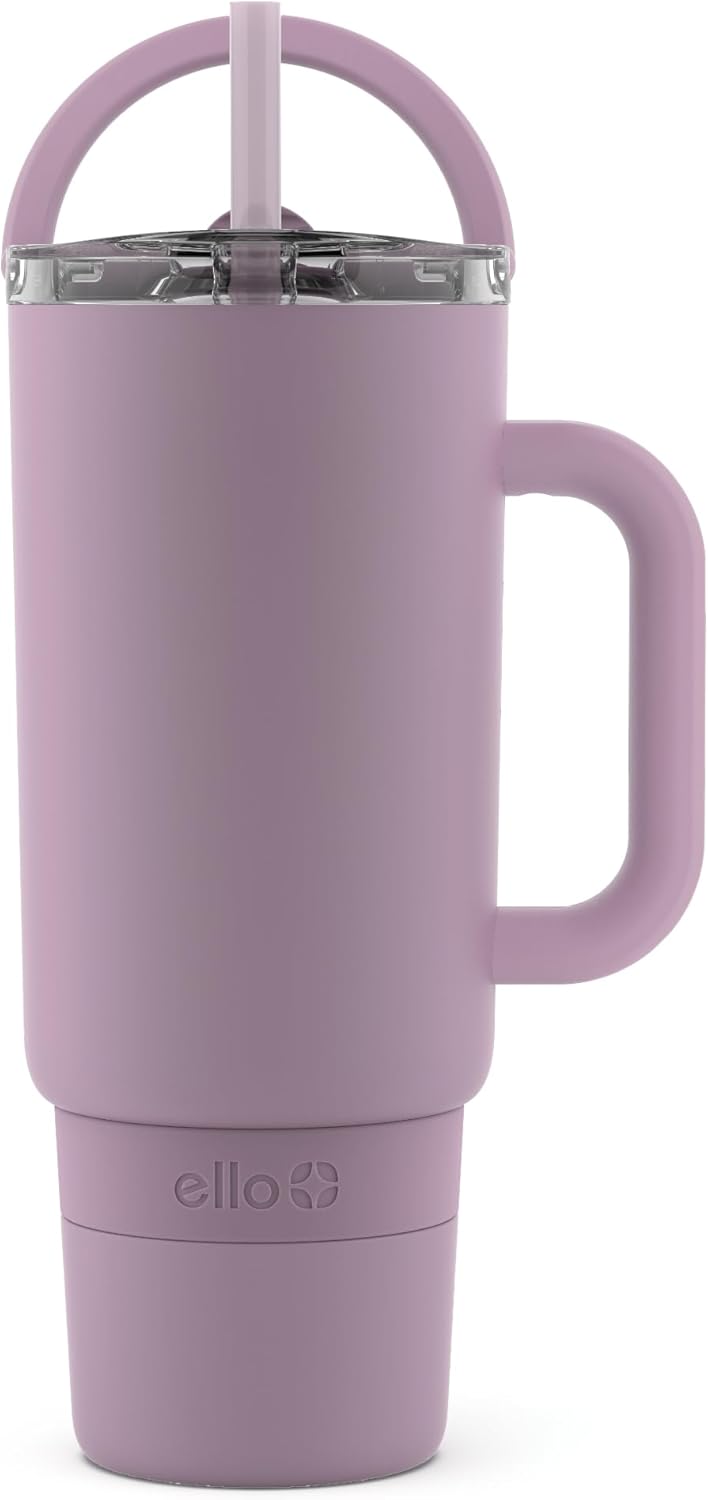 Ello Port 40oz Tumbler with Carry Loop & Integrated Handle, Vacuum Insulated Stainless Steel Reusable Water Bottle, Travel Mug with Leak Proof Lid & Straw, Perfect for Iced Coffee & Tea, White