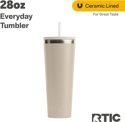 RTIC 20oz Everyday Tumbler Insulated Stainless Steel Portable Travel Coffee Cup with Straw, Ceramic Lining, Spill-Resistant Lid, BPA-Free, Hot and Cold Drink, Beach