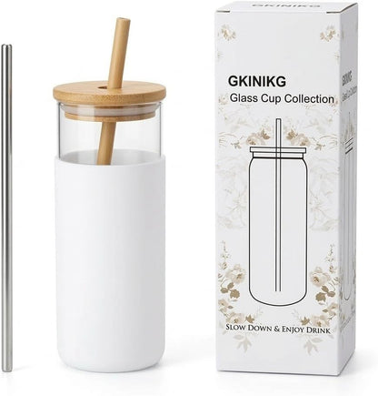 16oz Glass Tumbler with Lid and Straw, Thick Borosilicate Glass Iced Coffee Cup with Protective Silicone Sleeve, Car Cup Holder Friendly Reusable Smoothie Cup for Matcha Tea and Boba, Gift Box Ready