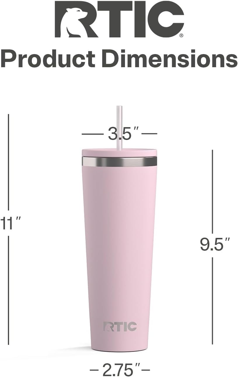RTIC 20oz Everyday Tumbler Insulated Stainless Steel Portable Travel Coffee Cup with Straw, Ceramic Lining, Spill-Resistant Lid, BPA-Free, Hot and Cold Drink, Beach