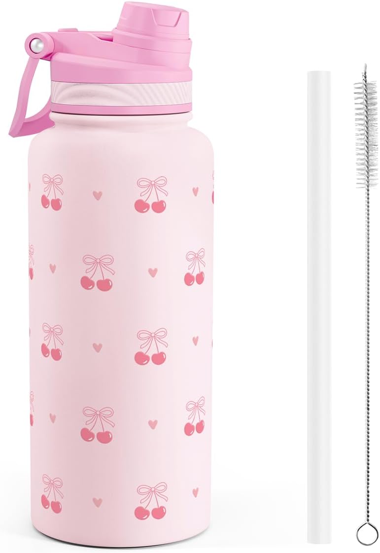 SANDJEST Pickleball Stainless Steel Water Bottle with Strap 32oz, Insulated Bottles with Straw and Spout Lid for Gym Sports Travel Outdoor, Gifts for Women Girls Birthday Christmas