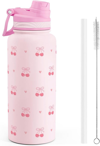SANDJEST Pickleball Stainless Steel Water Bottle with Strap 32oz, Insulated Bottles with Straw and Spout Lid for Gym Sports Travel Outdoor, Gifts for Women Girls Birthday Christmas