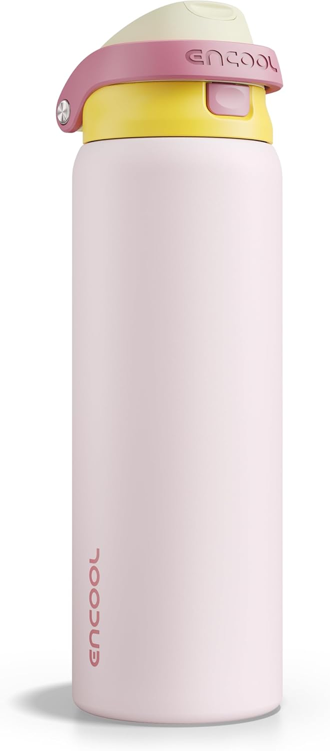 ENCOOL Leakproof Insulated Water Bottle with Straw Dual-Sip Water Bottle Bag-Safe Design for Work, Commute & Gym – Keeps Drinks Cold All Day, 24 oz, Lemonade Pink - Colors B