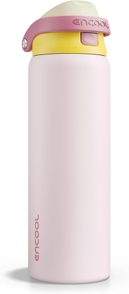 ENCOOL Leakproof Insulated Water Bottle with Straw Dual-Sip Water Bottle Bag-Safe Design for Work, Commute & Gym – Keeps Drinks Cold All Day, 24 oz, Lemonade Pink - Colors B