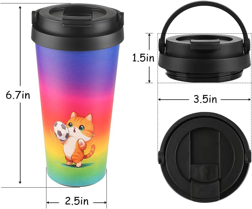 Funkrin Insulated Coffee Mug with Ceramic Coating, 16oz Iced Coffee Tumbler Cup with Flip Lid and Handle, Double Wall Vacuum Leak-Proof Travel Mug for Office School Party Camping