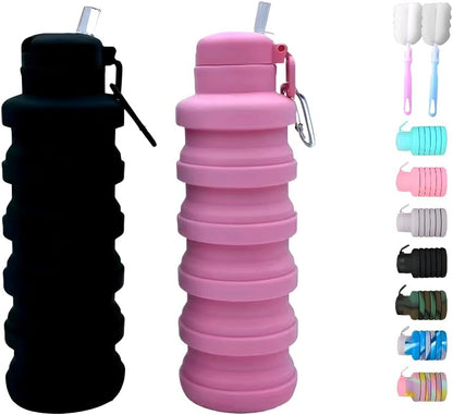 Collapsible water bottles 2 Pack with brush,BPA Free Travel Silicone Water Bottle with Carabiner,Reusable Foldable Portable Lightweight Sports bottles for Gym Camping Hiking (Black+Aqua blue)