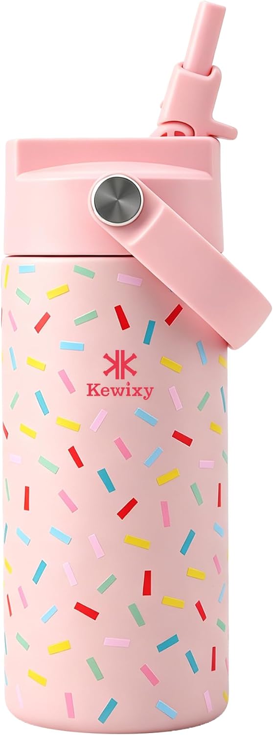 KEWIXY Kids Water Bottle for School, Easy Slide Lid, Leak Proof, Keep Cold 24H, Vacuum Insulated Tumbler, Metal Stainless Steel with Straw and Handle, for Boys&Girls (18OZ, Candy Pink)