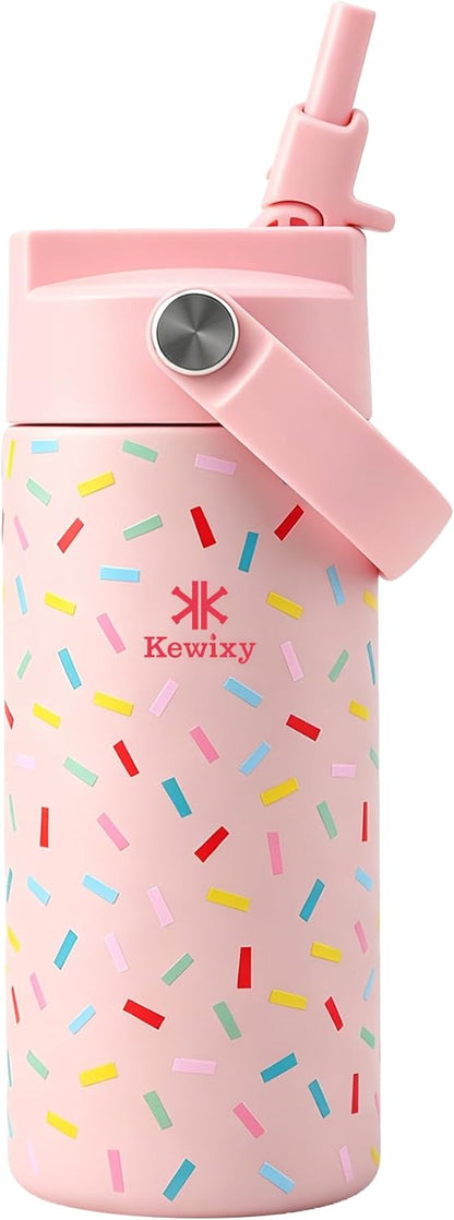 KEWIXY Kids Water Bottle for School, Easy Slide Lid, Leak Proof, Keep Cold 24H, Vacuum Insulated Tumbler, Metal Stainless Steel with Straw and Handle, for Boys&Girls (18OZ, Candy Pink)
