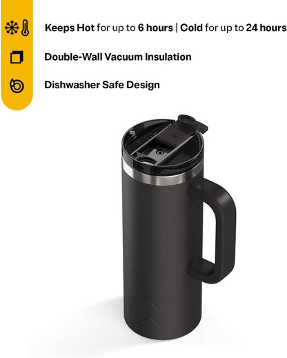 RTIC 20oz Road Trip Travel Mug with Lid and Handle, Ceramic Lined, Insulated, Stainless Steel, Metal, Double Wall Vacuum-Insulation, Portable Coffee, Tea Cup for Hot and Cold Drink, Black