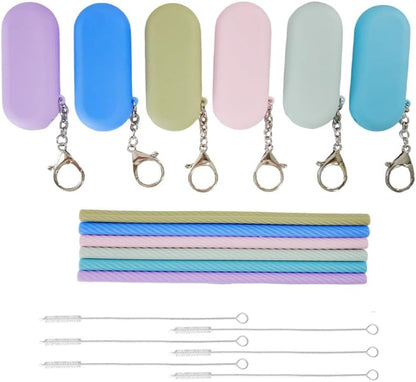 6 Sets Silicone Reusable Straws with Cases & Cleaning Brushes, Foldable Portable Travel Straws for for Travel & Party Cold or Hot