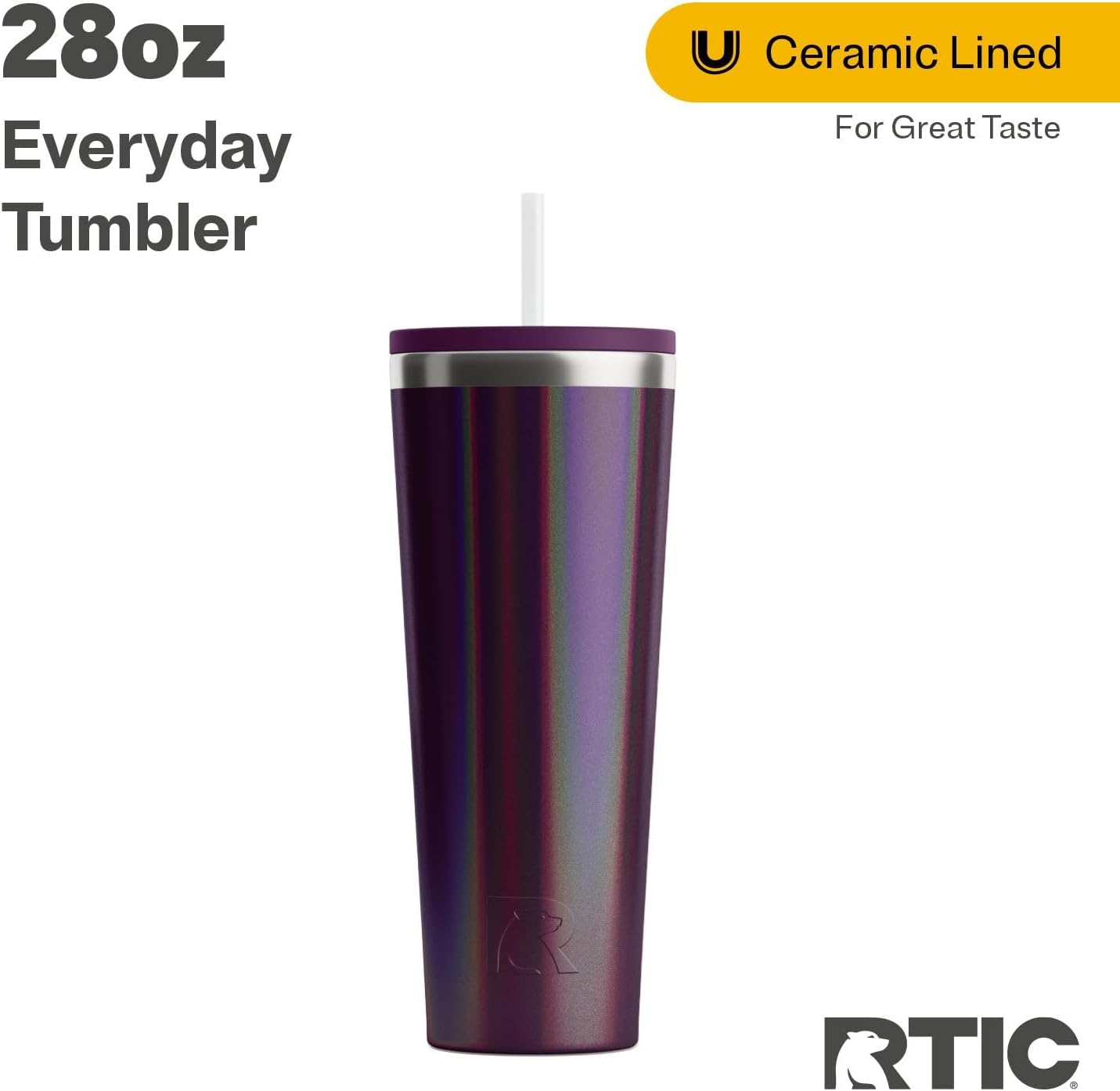 RTIC 20oz Everyday Tumbler Insulated Stainless Steel Portable Travel Coffee Cup with Straw, Ceramic Lining, Spill-Resistant Lid, BPA-Free, Hot and Cold Drink, Beach