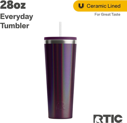 RTIC 20oz Everyday Tumbler Insulated Stainless Steel Portable Travel Coffee Cup with Straw, Ceramic Lining, Spill-Resistant Lid, BPA-Free, Hot and Cold Drink, Beach