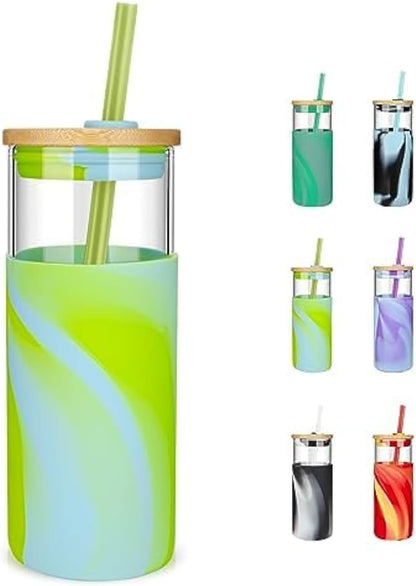 Tronco 20 oz Glass Tumbler with Lid and Straw, Iced Coffee Cup and Smoothie Cup with Bamboo Lids & Protective Silicone Sleeve, Dishwasher Safe, BPA-Free, Glass Cup 1 Pack - Colors B