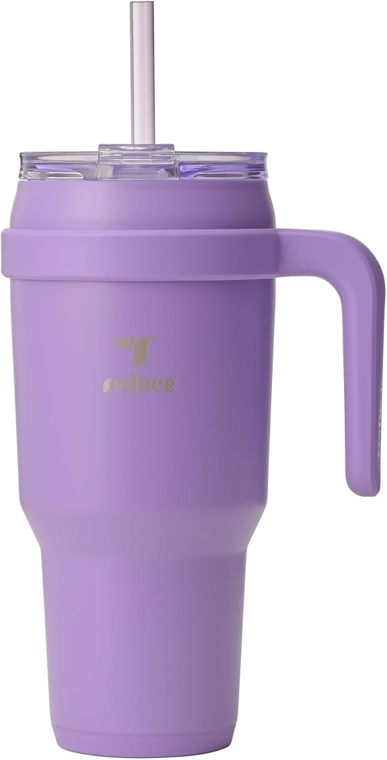 REDUCE 24 oz Stainless Steel Tumbler with Handle - Dual-Wall Vacuum Insulated Travel Mug, Sweat-Proof Lid & Reusable Straw - Keeps Drinks Cold for 24 Hrs, Fits Cupholders, Dishwasher Safe - Lilac Bud