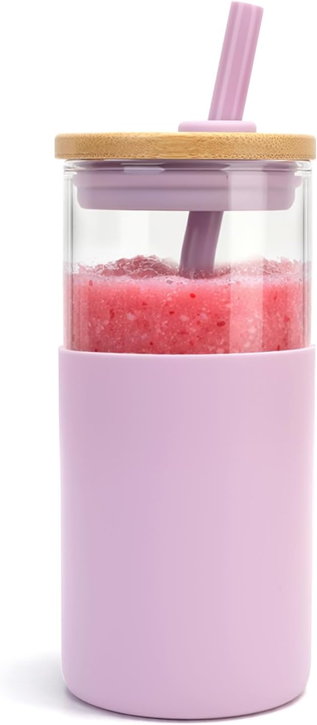 Tronco 24 oz Glass Tumbler with Lids and Straw, Reusable Iced Coffee Cup & Smoothie Cup with Bamboo Lid, Silicone Sleeve, Dishwasher Safe, BPA-Free Borosilicate Glass, 1 Pack