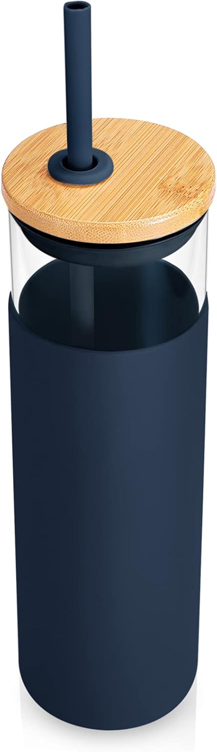 Tronco 24 oz Glass Tumbler with Lids and Straw, Reusable Iced Coffee Cup & Smoothie Cup with Bamboo Lid, Silicone Sleeve, Dishwasher Safe, BPA-Free Borosilicate Glass, 1 Pack