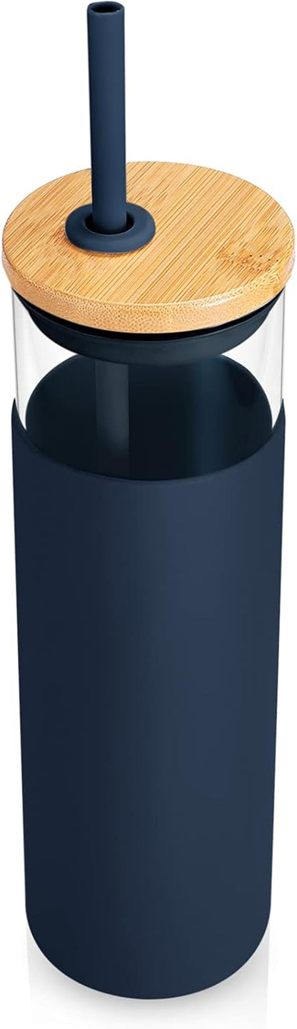 Tronco 24 oz Glass Tumbler with Lids and Straw, Reusable Iced Coffee Cup & Smoothie Cup with Bamboo Lid, Silicone Sleeve, Dishwasher Safe, BPA-Free Borosilicate Glass, 1 Pack