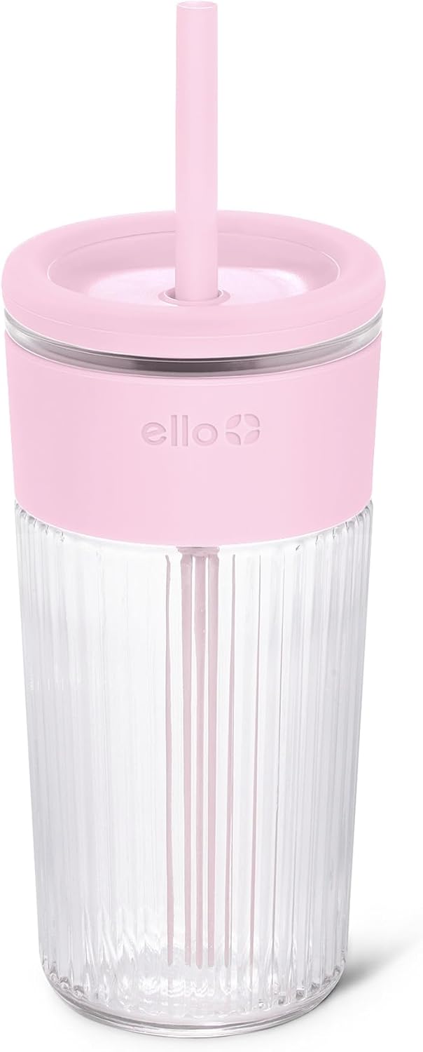 Ello Devon Glass Tumbler , Protective No Sweat Silicone Sleeve and Splash Proof Wooden Detail Lid with Straw, 18 oz