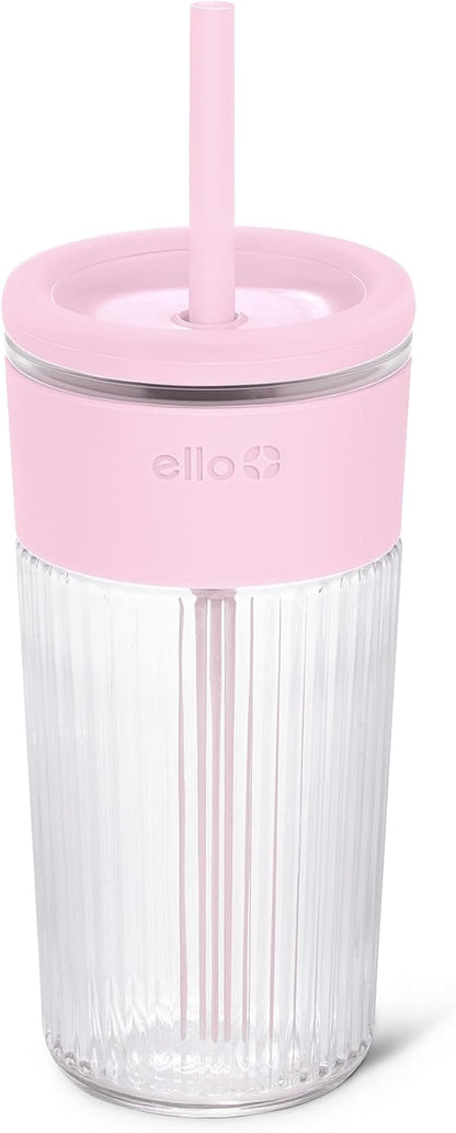 Ello Devon Glass Tumbler , Protective No Sweat Silicone Sleeve and Splash Proof Wooden Detail Lid with Straw, 18 oz