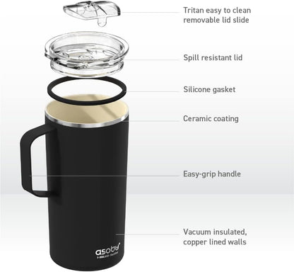 asobu Ultimate Ceramic Travel Mug, 12oz Insulated Stainless Steel Coffee Cup with Handle & Splash-Resistant Lid, Ceramic Lined for Pure Taste, BPA-Free, Double-Wall Vacuum for Hot Drinks