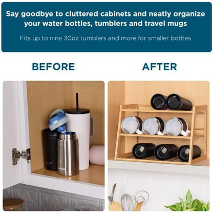 Honey-Can-Do 3-Tier Bamboo Water Bottle Organizer Rack - Stackable, Natural Wood Storage for Cabinet & Pantry