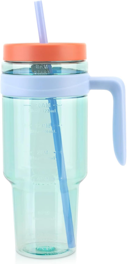 50 oz Tritan Plastic Tumbler with Lid and Straw | Leak-Proof BPA-Free Clear Tumbler with Time Marker | Reusable Travel Mug for Camping, Sports, Office, Road Trips, Parties | Wide Mouth