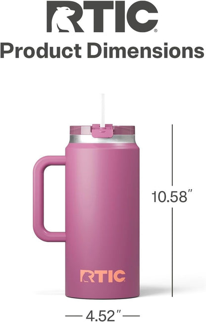 RTIC 64oz Road Trip Tumbler with Handle, Lid and Straw, Ceramic Lined, Insulated, Stainless Steel, Double Wall Vacuum-Insulation, Travel Cup, Cool Grey