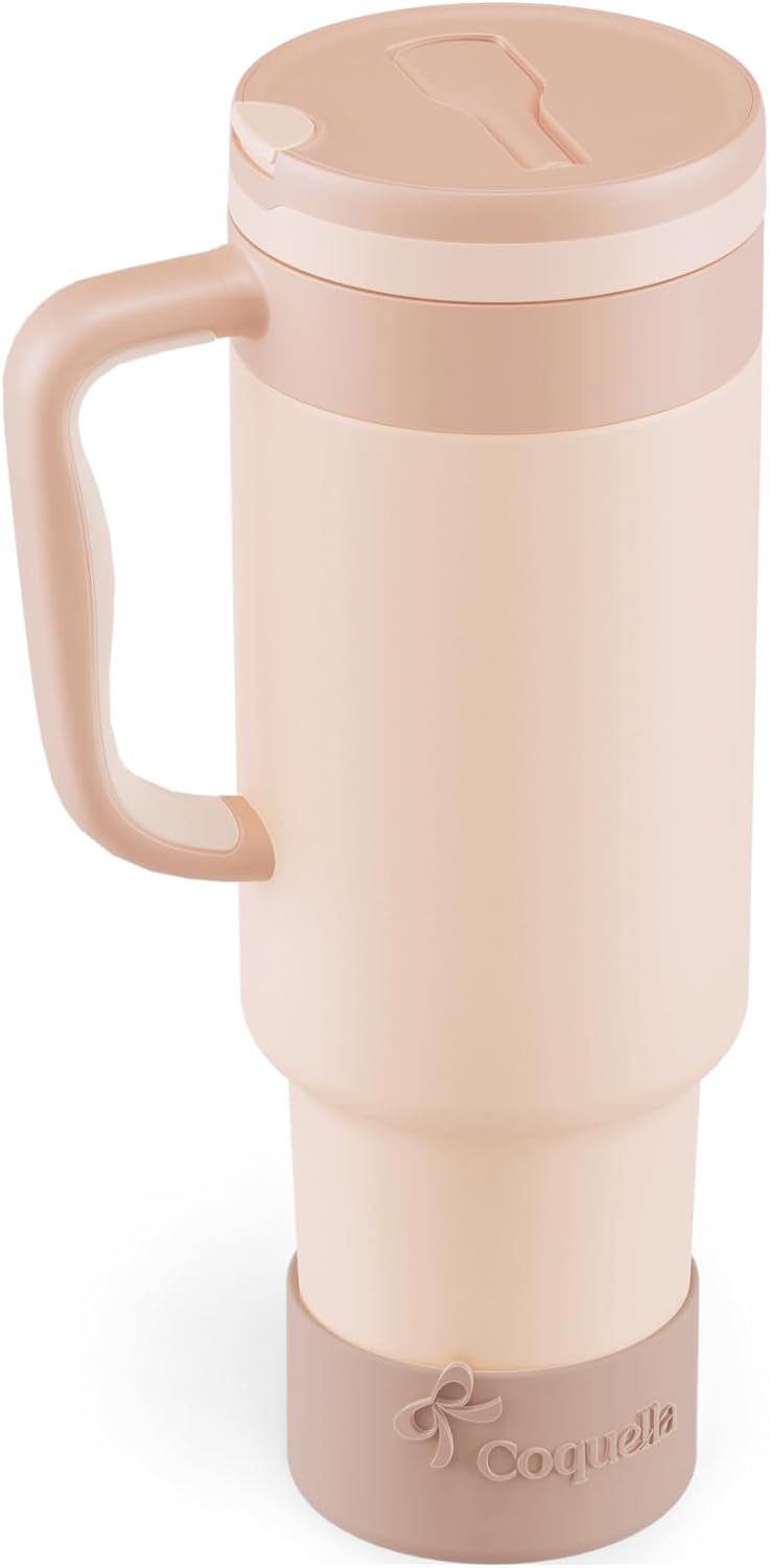 40 oz Insulated Tumbler with Handle and Push-Button Straw Lid, Stainless Steel Travel Cup for Gym Office, Leakproof, BPA-Free, Cup Holder Friendly, Bow Silicone Boot, Purple (Light Lilac)