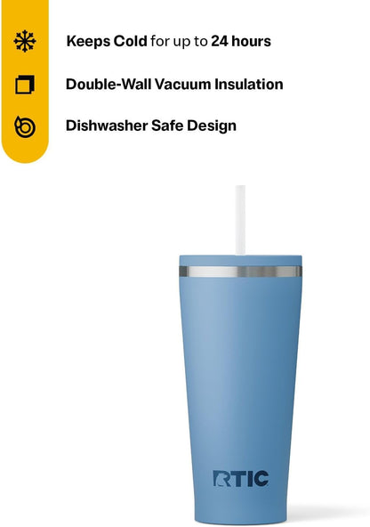 RTIC 20oz Everyday Tumbler Insulated Stainless Steel Portable Travel Coffee Cup with Straw, Ceramic Lining, Spill-Resistant Lid, BPA-Free, Hot and Cold Drink, Beach