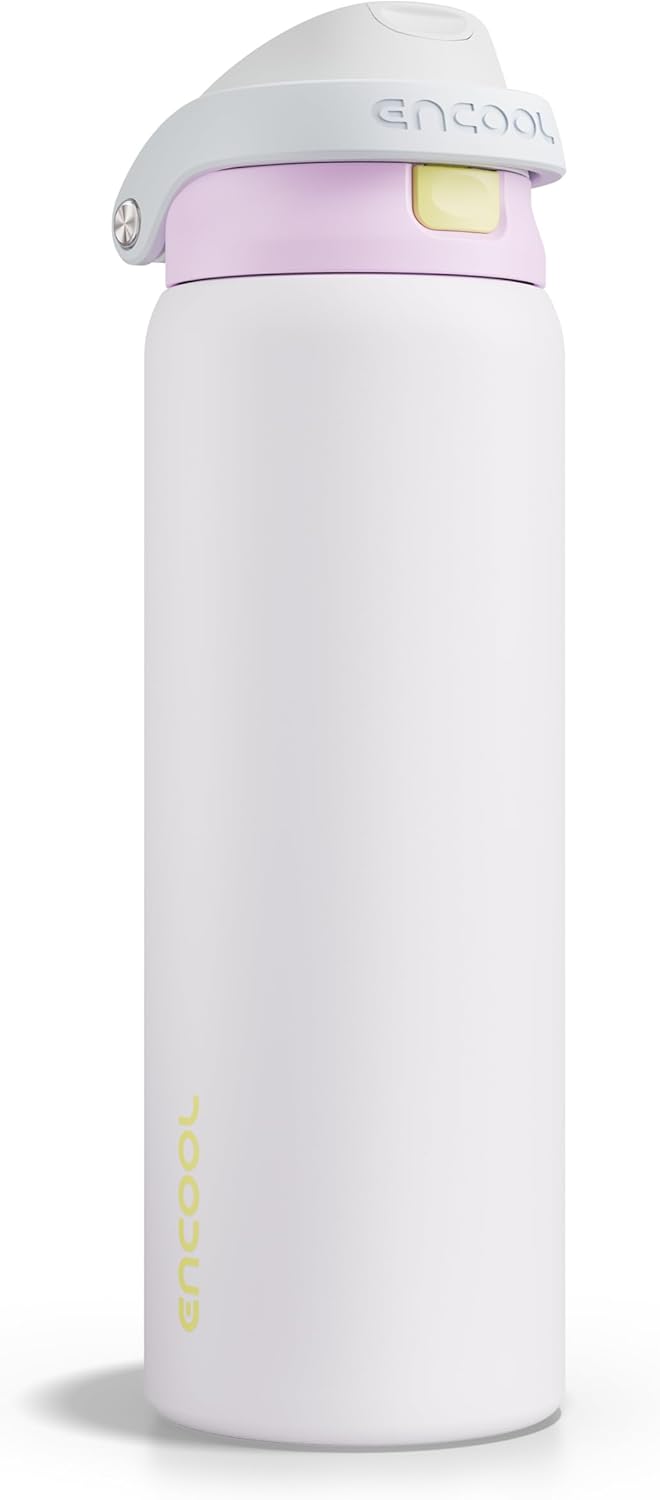 ENCOOL Leakproof Insulated Water Bottle with Straw Dual-Sip Water Bottle Bag-Safe Design for Work, Commute & Gym – Keeps Drinks Cold All Day, 24 oz, Lemonade Pink - Colors A