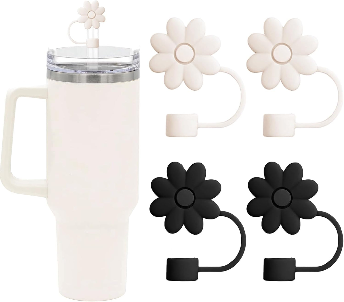 Flower Straw Covers Toppers for Stanley Cups 30&40 Oz Tumbler with Handle Accessories 4PCS Silicone Straw Caps Reusable Straws Tips Protectors for Stanley Cup 10mm 0.4in Straws,Off White