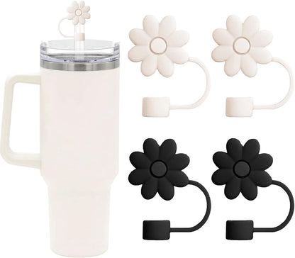 Flower Straw Covers Toppers for Stanley Cups 30&40 Oz Tumbler with Handle Accessories 4PCS Silicone Straw Caps Reusable Straws Tips Protectors for Stanley Cup 10mm 0.4in Straws,Off White