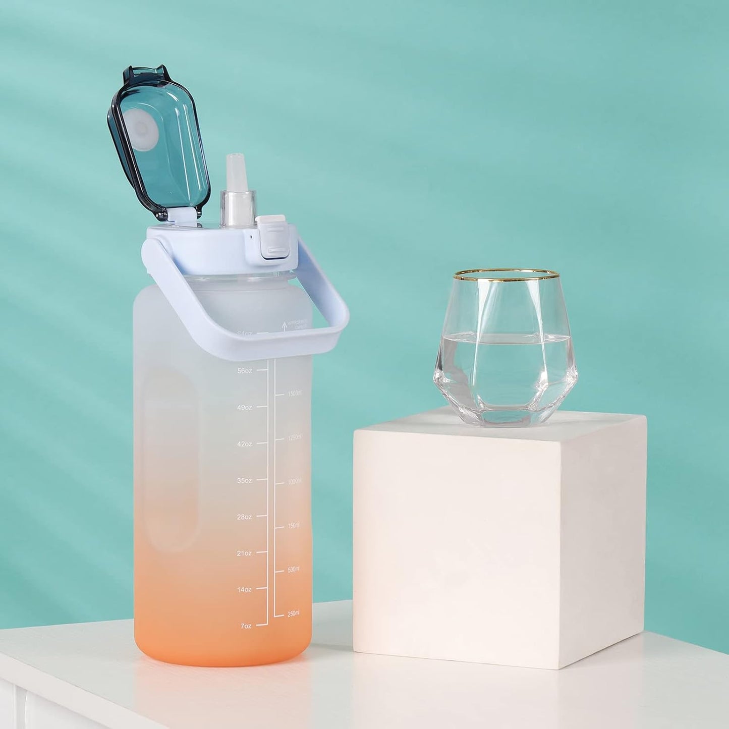 Large Motivational Water Bottle with Straw Time Marker BPA Free for Sport and Fitness (Pink Blue, 64 Oz / Half Gallon)
