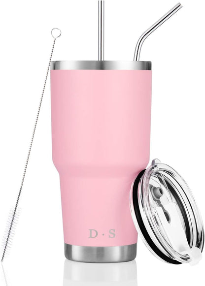 D·S 30oz Blue Tumbler Stainless Steel Double Wall Vacuum Insulated Mug with Straw and Lid, Cleaning Brush for Cold and Hot Beverages