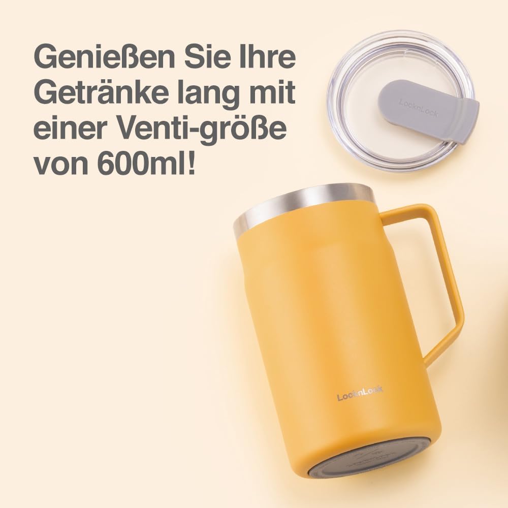 LocknLock Metro Mug Premium 18/8 Stainless Steel Double Wall Insulated with Handle Perfect for table with Lid, Black, 16 oz