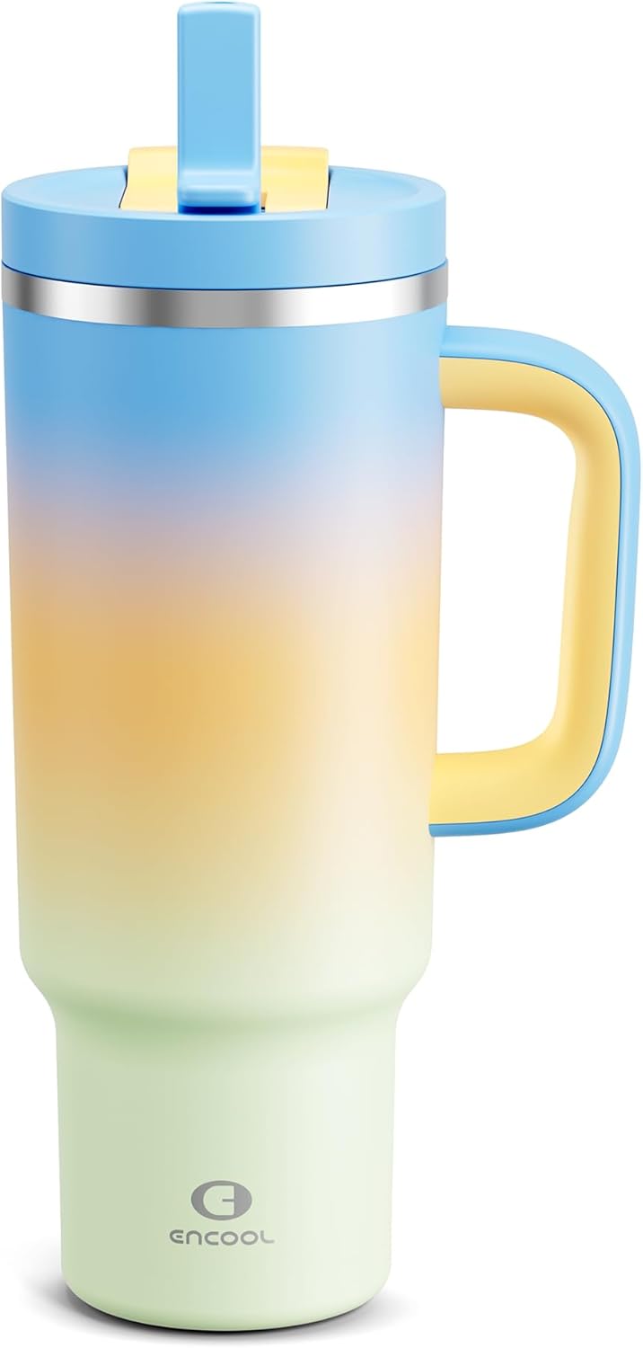 40 oz Tumbler with Handle and Straw: Stainless Steel Insulated Tumbler Keeps Cold for 24 Hours, Leakproof Travel Cup Fits in Cup Holder and BPA-Free, Cotton Candy