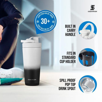 Ice Shaker Insulated Stainless Steel Shaker Bottle | 26oz, Black | Cold for 30+ Hours | Insulated Cup with Twist-on Agitator | Odor-Free Bottle for Protein Shakes, Water, Smoothies, Cocktails
