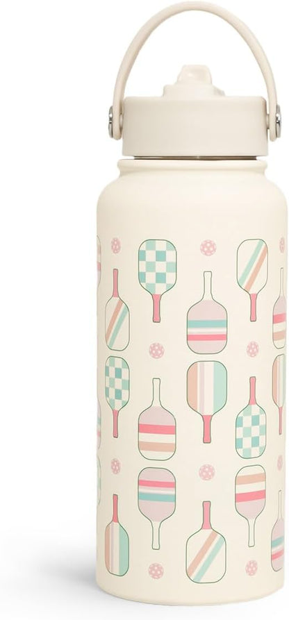 SANDJEST Pickleball Gift for Women, Water Bottle Stainless Steel 32oz with Lid & Straw, Sport Insulated Bottles Gifts for Girls Friends Teens Birthday Christmas