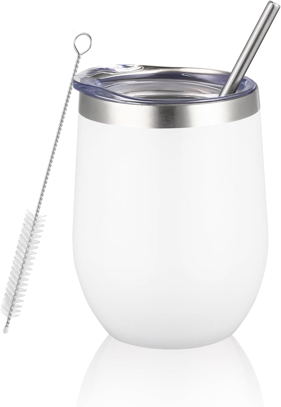 12 oz Insulated Wine Tumbler with Lid and Straw,Stainless Steel Stemless Wine Tumbler Glasses Double Wall Vacuum Wine Cups Tumbler for Coffee,Champaign,Cocktail,Office（Silver,1）