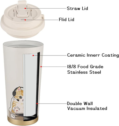 Funkrin Coffee Travel Mug with Straw & Flip Lid, 16oz Insulated Tumbler Cup with Ceramic Coating, Double Wall Vacuum Leak-Proof Mug for Office School Party Camping