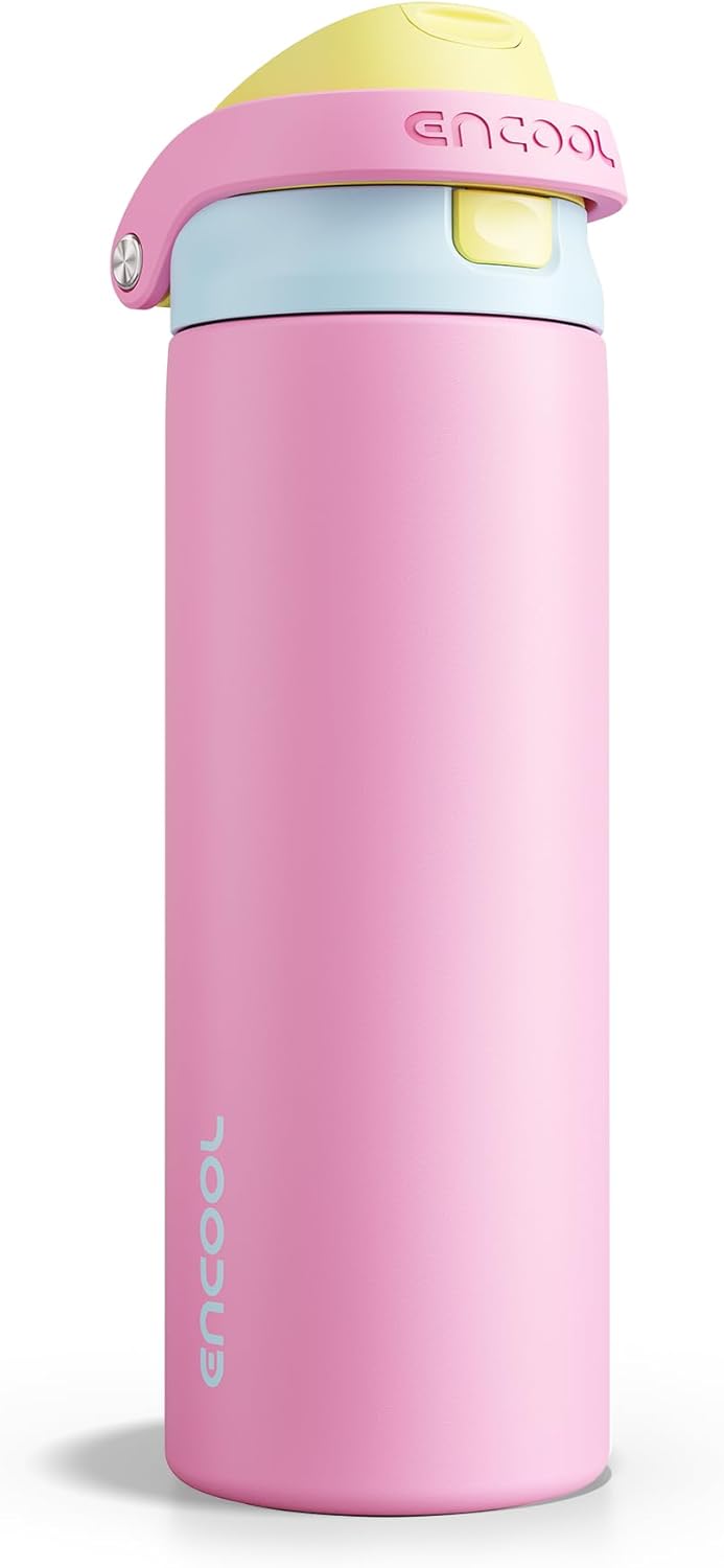 ENCOOL Leakproof Insulated Water Bottle with Straw Dual-Sip Water Bottle Bag-Safe Design for Work, Commute & Gym – Keeps Drinks Cold All Day, 24 oz, Lemonade Pink - Colors B