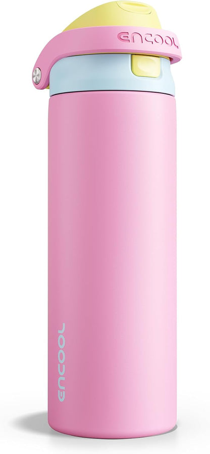 ENCOOL Leakproof Insulated Water Bottle with Straw Dual-Sip Water Bottle Bag-Safe Design for Work, Commute & Gym – Keeps Drinks Cold All Day, 24 oz, Lemonade Pink - Colors B