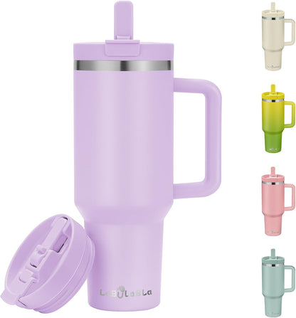 Labulabla 40oz Stainless Steel Insulated Tumbler with Flip Straw, 2-in-1 Lid, 100% Leakproof, Cup Holder Friendly, Handle, BPA-Free (light pink, 40, ounces)