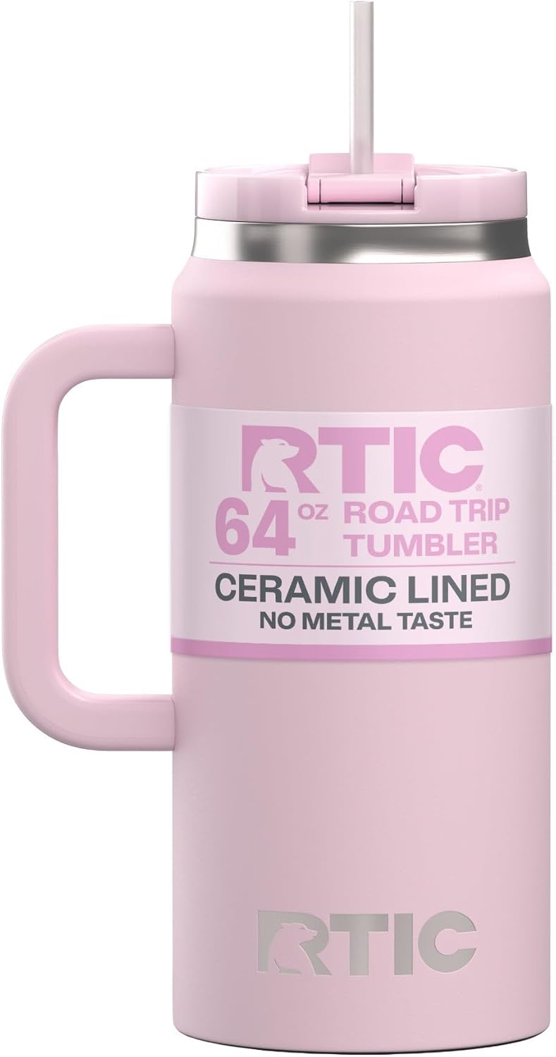 RTIC 64oz Road Trip Tumbler with Handle, Lid and Straw, Ceramic Lined, Insulated, Stainless Steel, Double Wall Vacuum-Insulation, Travel Cup, Cool Grey
