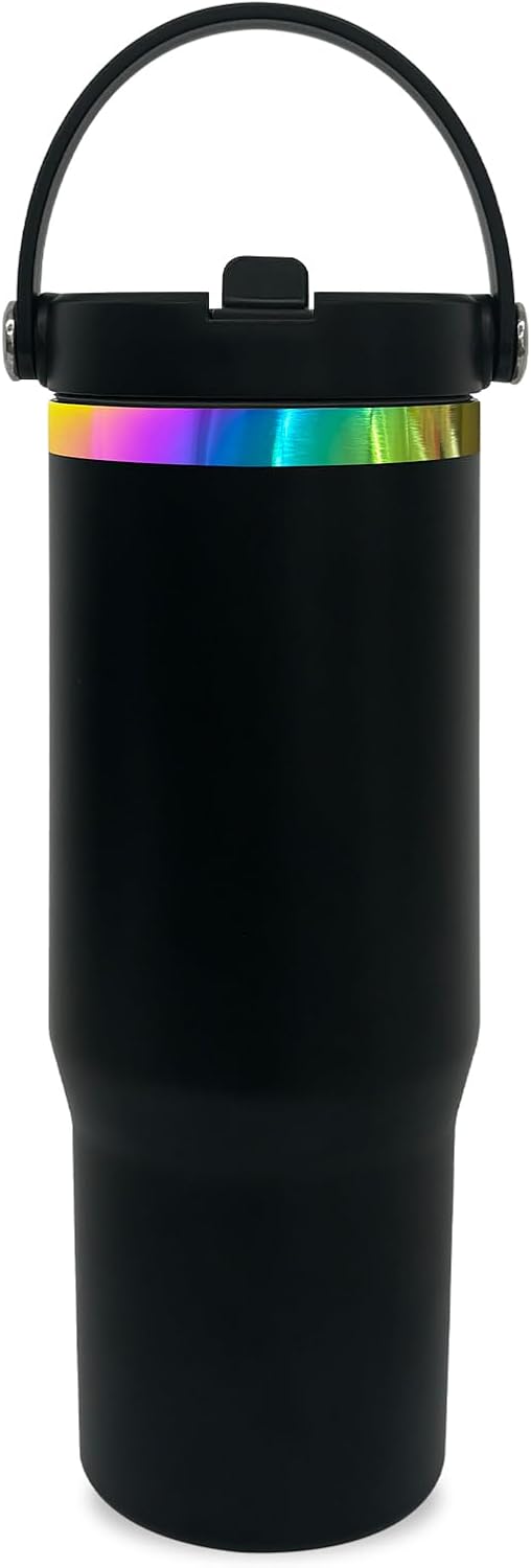 30 oz Tumbler Bulk with Handle and Straw, Vacuum Insulated Tumblers with Flip Straw and Top Handle, Leakproof Powder Coated Tumbler, Stainless Steel Travel Mug for Coffee (Black, 1 Pack)